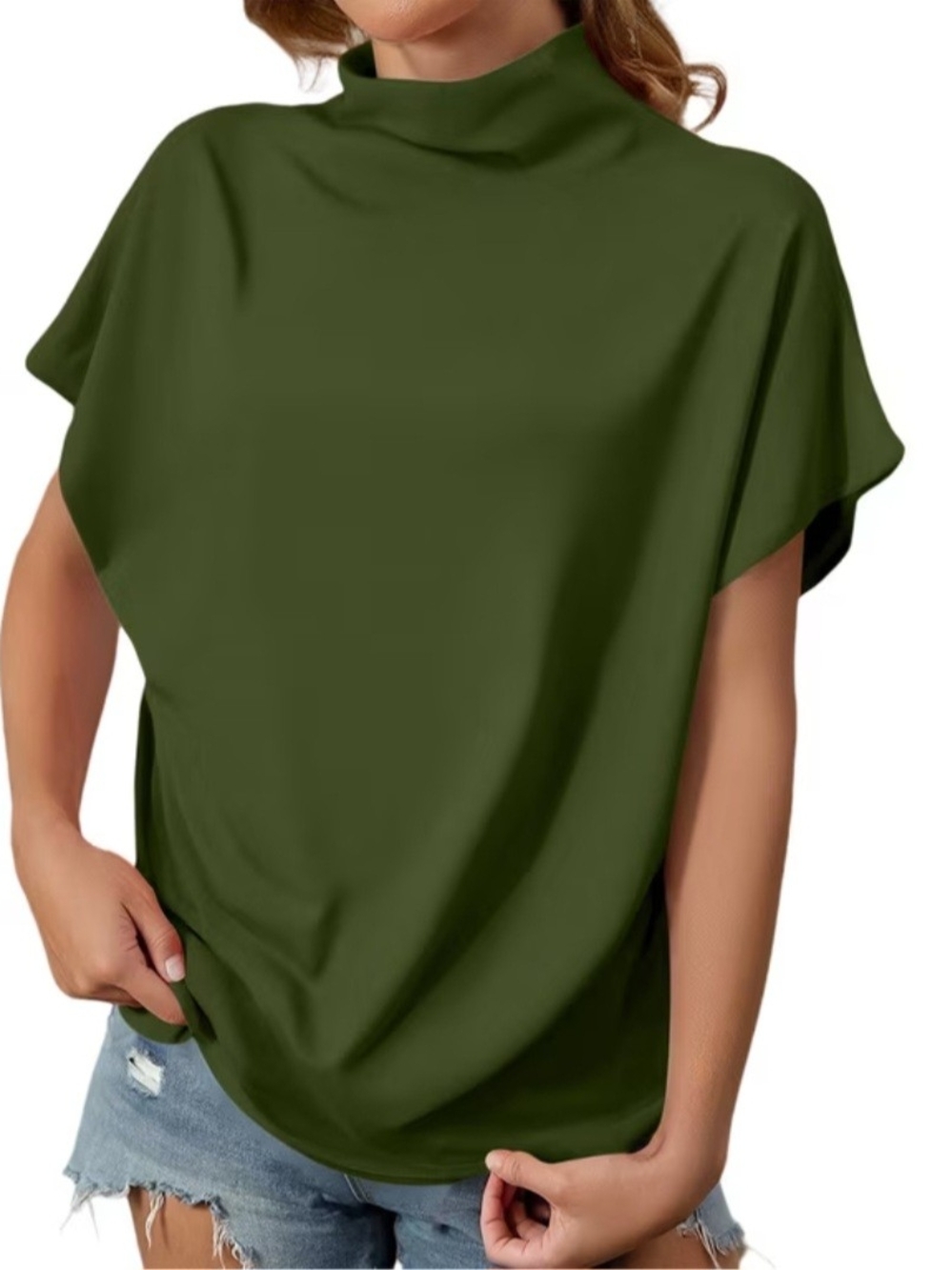 Alfani (Women's XL) Olive Green Relaxed Fit Boxy Semi-Cropped Mock Neck Top